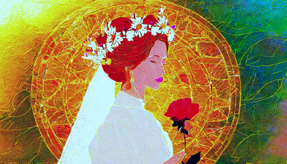 silhouette of a bride, in a white wreath, with a rose.