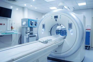 Medically computed tomography room with CT scanner in hospital laboratory. AI Generative