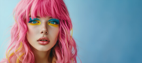 Portrait of beautiful girl with pink hair on a blue background. Bright and fashionable teenager girl Hipster with pink dyed hair with bright makeup. Stylish modern fashionable trendy girl.