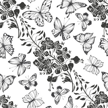 Fireweed and butterflies. Seamless pattern background, graphic sketch illustration on white. Vector. Black and white.  Perfect for design templates, wallpaper, wrapping, fabric and textile, print.