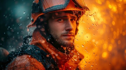 Firefighter portrait. Portrait of a firefighter in a helmet during a fire