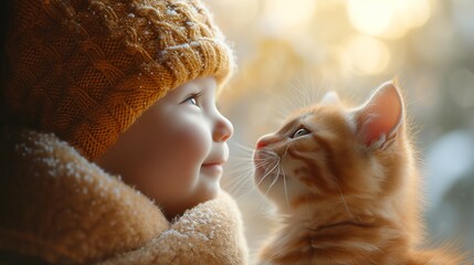 A happy child looks at the cat, eye to eye