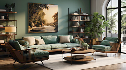 A chic mid-century modern living room featuring a green lounge chair paired with a wicker round coffee table. 