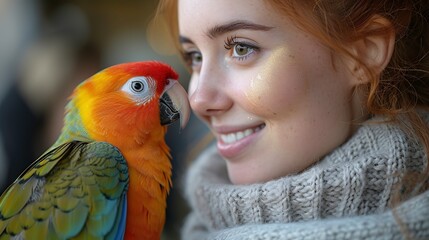 Beautiful smiling girl and parrot