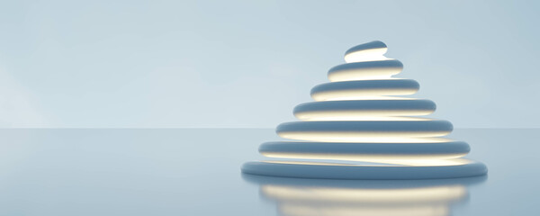 Serene Zen Stone Stack in Reflective Water Against a Tranquil Blue Background 3d render illustration