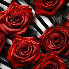 white background with black stripes adorned by red roses. Ideal for textiles and decorative wallpaper, offering a chic and romantic touch to your designs