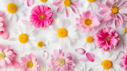 Assorted Pink and White Flowers on a White Background