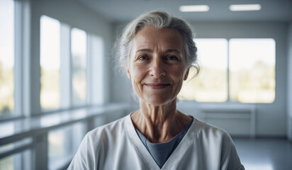 Confident Old Australian Female Doctor or Nurse in Clinic Outfit Standing in Modern White Hospital, Looking at Camera, Professional Medical Portrait, Copy Space, Design Template, Healthcare Concept