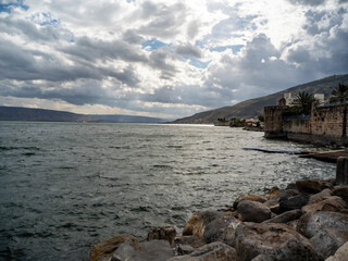 Fototapeta na wymiar On the shore of Lake Kinneret, Tiberias, Israel