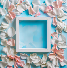 White Square Frame with Pink and White Petals on Blue Background