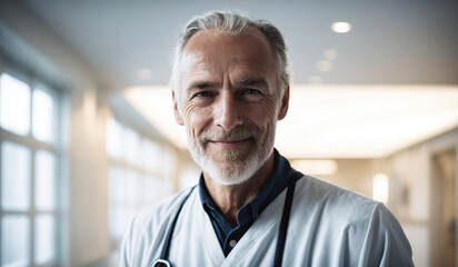 Confident Old Dutch Male Doctor or Nurse in Clinic Outfit Standing in Modern White Hospital, Looking at Camera - Professional Medical Portrait, Copy Space, Design Template, Healthcare Concept