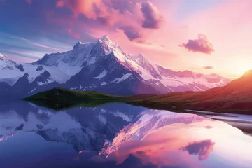 Foto op Canvas A majestic mountain landscape at sunset, snow-capped peaks, a crystal-clear lake reflecting the vibrant sky, serene nature. Resplendent. © Summit Art Creations