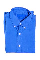 Business clothes. Close-up of a new blue shirt isolated on a white background. Mens shirt. Clipping path. Summer fashion. Background texture with space.