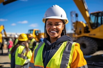 Female construction worker in high visibility jacket standing in front of excavator on construction site