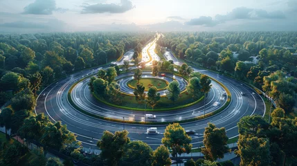 Fotobehang Arial top view of Modern transportation with Expressway, Road and Roundabout, multilevel junction highway-Top view. Important infrastructure.generative ai © Suralai