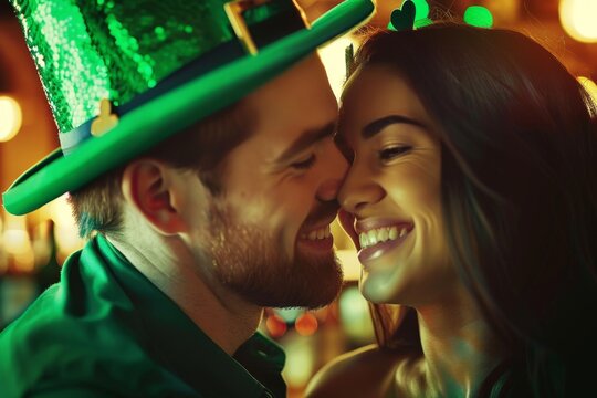 Couple in green hats at St. Patrick's Day party. Ireland and Irish culture. Happy holiday, celebration, parade concept. Design for banner, poster
