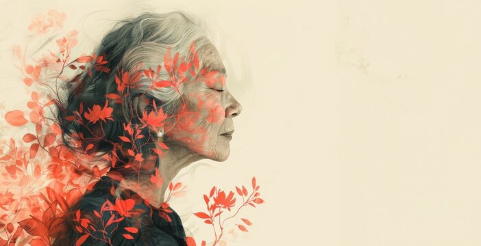 a 60-year-old woman enveloped in the enigmatic realm of dementia.illustration for World Mental Health Day banner