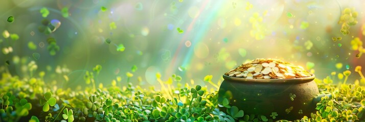 Pot of gold on a green meadow with rainbow. Saint Patrick's Day holiday. Design for invitation, greeting card, banner, header with copy space. Symbol of luck. Fantasy, magic, fairytale style