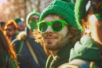 Man with green hat and sunglasses at Saint Patrick's Day festival. Design for banner, poster. Ireland and Irish culture. Holiday, celebration, carnival concept