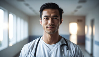 Confident Young Malaysian Male Doctor or Nurse in Clinic Outfit Standing in Modern White Hospital, Looking at Camera - Professional Medical Portrait, Copy Space, Design Template, Healthcare Concept