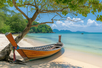 Wooden long tail boat on tropical seascape beach in ocean AI Generative