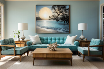 Picture a serene living room featuring light blue and aqua sofas surrounding a wooden table. 