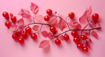 red tomatoes on pink background in the shape of leave