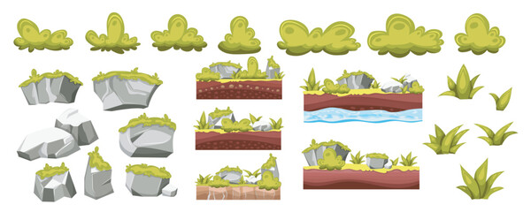 Grass and rocks mega set in cartoon graphic design. Bundle elements of green bushes, grey stones with moss, plant leaves, ground asset layers for game interface. Vector illustration isolated objects