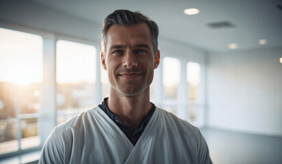 Confident Mid-Age Dutch Male Doctor or Nurse in Clinic Outfit Standing in Modern White Hospital, Looking at Camera, Professional Medical Portrait, Copy Space, Design Template, Healthcare Concept - obrazy, fototapety, plakaty