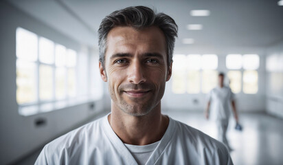 Naklejka premium Confident Mid-Age Swiss Male Doctor or Nurse in Clinic Outfit Standing in Modern White Hospital, Looking at Camera, Professional Medical Portrait, Copy Space, Design Template, Healthcare Concept