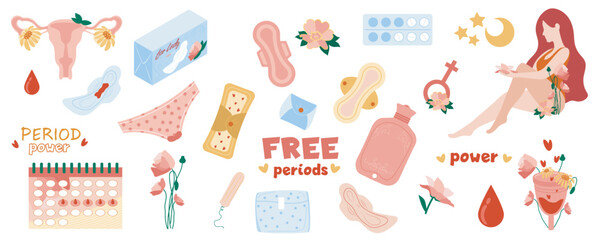 Menstrual period mega set in cartoon graphic design. Bundle elements of feminine hygiene products, pads, tampons, menstrual cup, calendar, uterus, flowers, drops. Vector illustration isolated objects © alexdndz