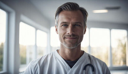Confident Mid-Age Swedish Male Doctor or Nurse in Clinic Outfit Standing in Modern White Hospital, Looking at Camera, Professional Medical Portrait, Copy Space, Design Template, Healthcare Concept - obrazy, fototapety, plakaty