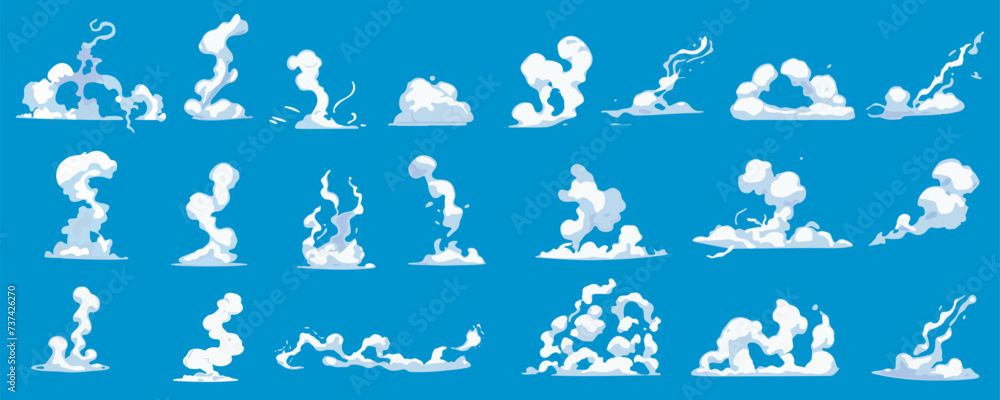 Poster steam clouds mega set in cartoon graphic design. bundle elements of white smoke motions with fluffy 