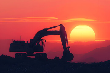 Excavator in open pit mining Excavator on earthmoving on sunset Loader on excavation Earth Moving Heavy Equipment Earth mover ar construction site Backhoe Loader on Road construction. Creative Banner - obrazy, fototapety, plakaty