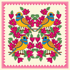Obraz na płótnie Canvas Ethnic Flora and Fauna - Vibrant Madhubani Art. Nature-inspired Ethnic Artwork. Vibrant Bird and Flower Illustration. Botanical and Fauna Wall Decor.
