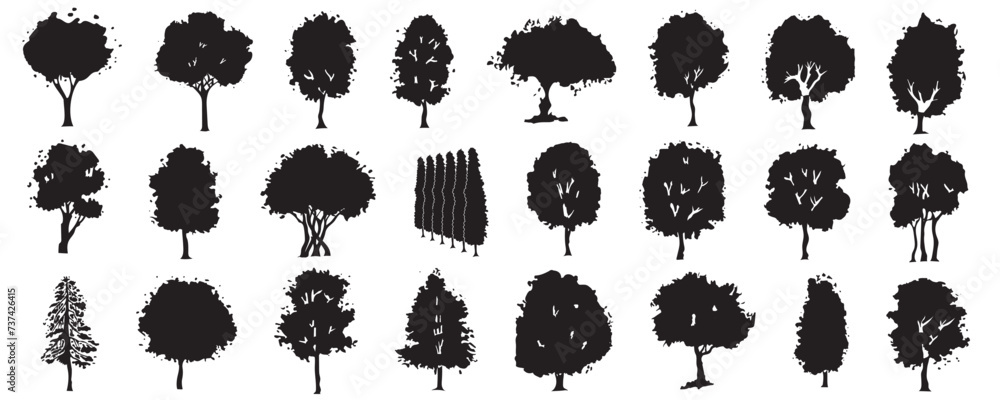 Fototapete tree silhouettes mega set in cartoon graphic design. bundle elements of black outline oaks, maples, 
