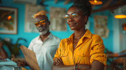 Fototapeta premium maldivian people , looking a drawing of a building put on the meeting room desk,