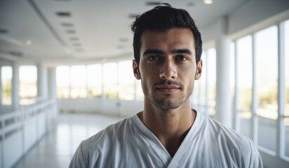 Confident Young Argentinian Male Doctor or Nurse in Clinic Outfit Standing in Modern White Hospital, Looking at Camera - Professional Medical Portrait, Copy Space, Design Template, Healthcare Concept