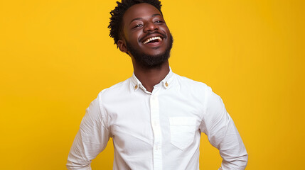 Obraz premium Joyful young man with a beaming smile in a white button-down shirt