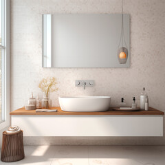 Interior of a light bathroom with a faucet and a white washbasin, minimalism, classic