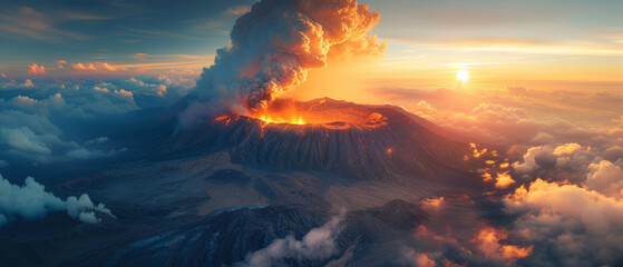 Panorama of Sunrise at volcano Bromo, Java island, Indonesia. Panoramic aerial view,generative ai - obrazy, fototapety, plakaty