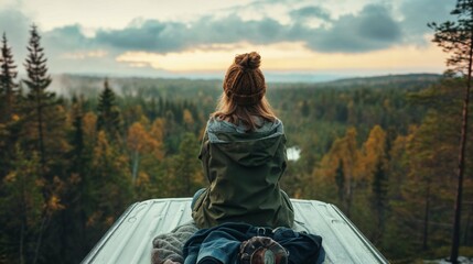 Person in a warm hat sitting on a rooftop overlooking a forest at sunset nomad van life pacific north west