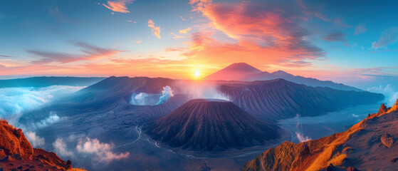 Panorama of Sunrise at volcano Bromo, Java island, Indonesia. Panoramic aerial view,generative ai - obrazy, fototapety, plakaty