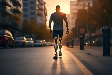 man walk with artificial leg on street