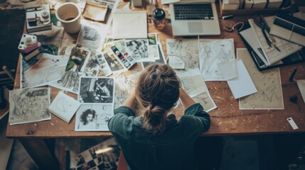 A woman sits at a desk with various sketches and a laptop. - Powered by Adobe