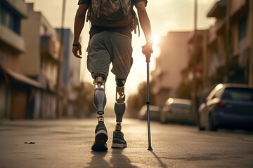 Obraz premium man walk with artificial leg on street