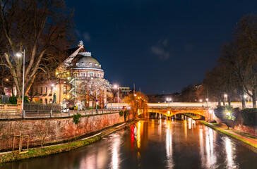 Old Town of Strasbourg above a canal at night. UNESCO world heritage in Alsace, France - 737428406