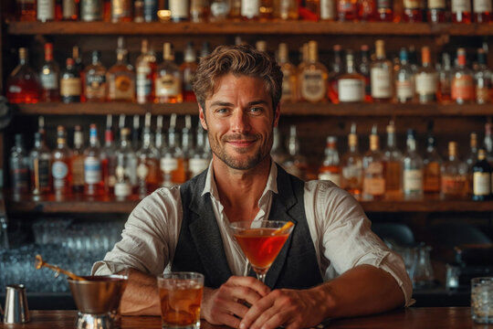 Confident bartender serving cocktails at upscale bar Generative AI image