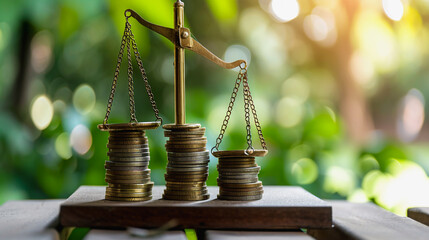 Balanced Abundance: Illustration of Coin Stacks Perched on a Wooden Board, Balanced by a Scale, Surrounded by Sprouting Plant Shoots