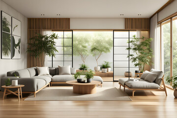 3d interior of a Japandi style interior living room a design with simplicity natural elements Generative Ai

